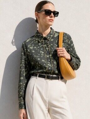 J. Crew Olive Green and Black Patterned Top Size M